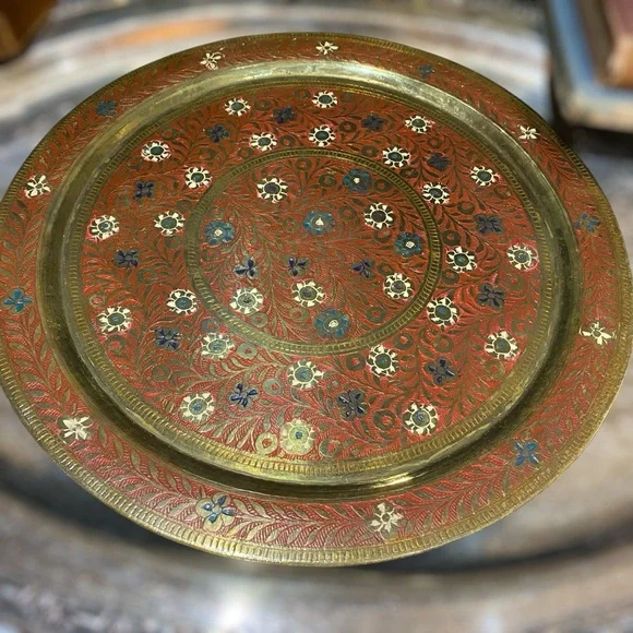 Vintage Solid Brass Enameled Round Tray Floral Home Decor Accent Serving - Picture 3 of 5